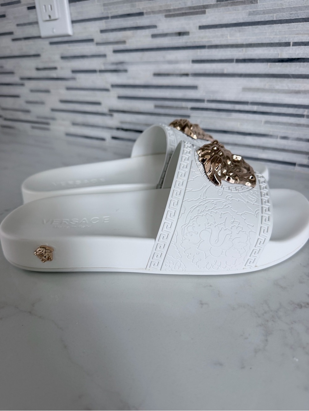 Versace White Slides with Gold Medusa Plaques size 11 - Picture 16 of 16